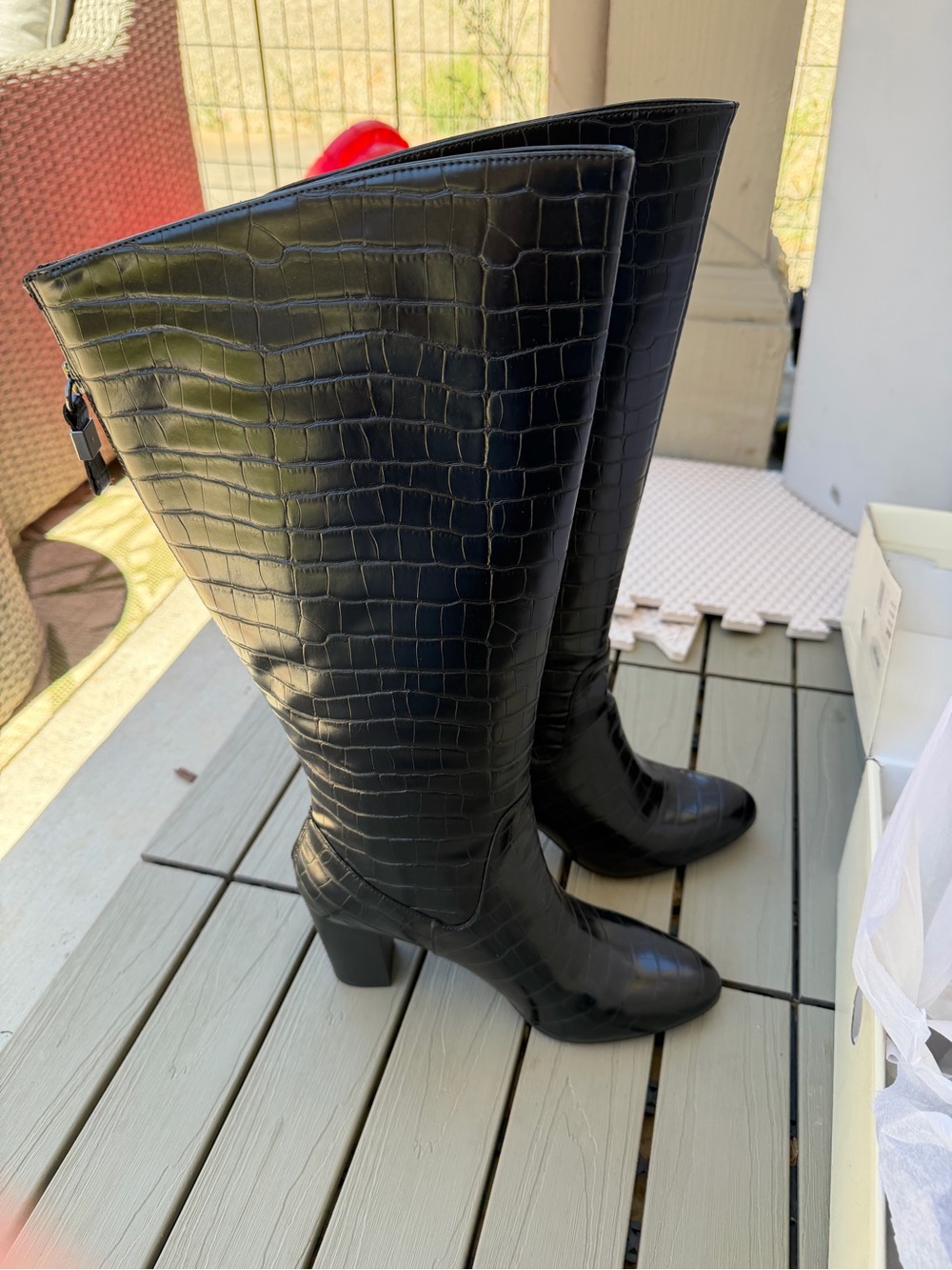 Anne Klein Black Croc-Embossed Knee Boots with Block Heel